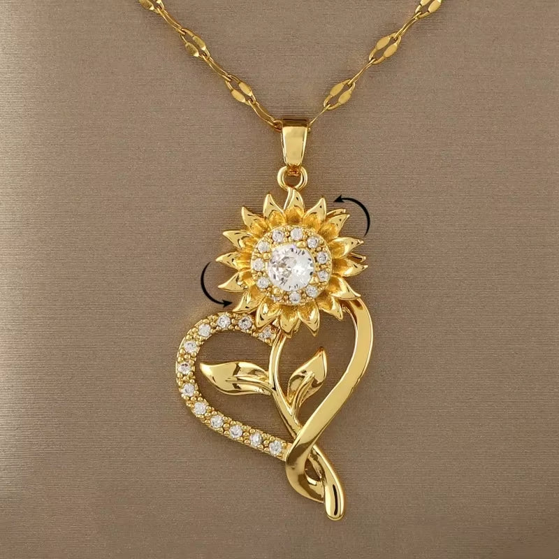 360° Rotatable Decompression Love Sunflower Sunflower Zircon Pendant Necklace for Ladies Birthday Gift Christmas Gift