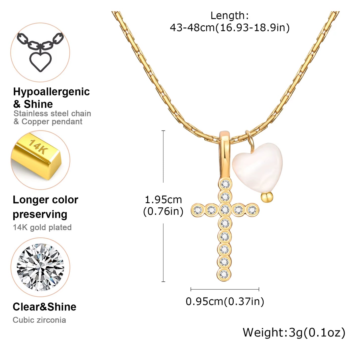 Stainless Steel Chain Girl'S Necklace Copper Material Zircon Cross Heart-Shaped White Shell Charm Fashion Christian Jewelry