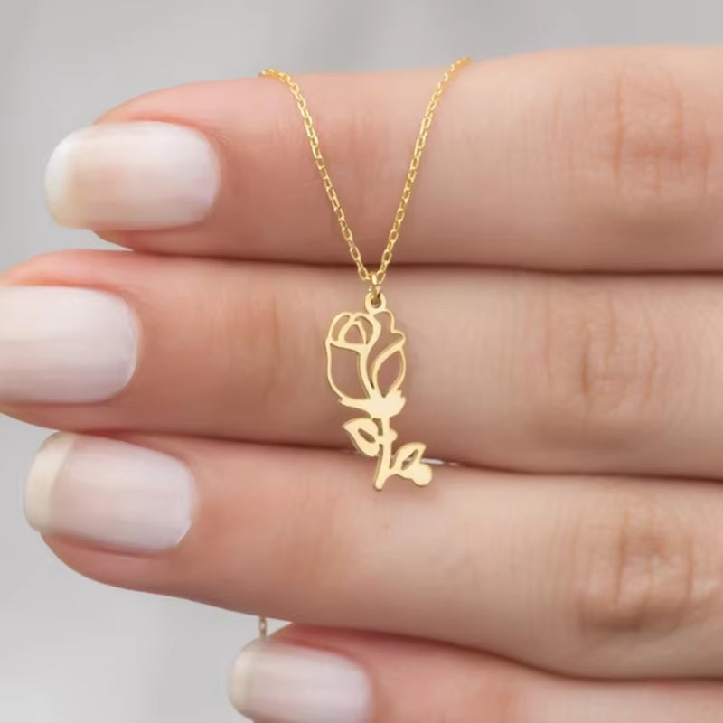 Fashion Stainless Steel Necklace Flower Charms Chain Rose Flower Pendant Necklaces for Women Female Collares Gifts Para Mujer