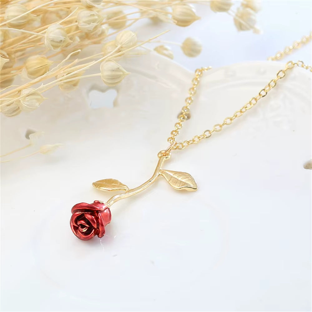 3D Rose Flower Necklace Custom Charm Necklace Ultimate Rose Flower Beauty and Beast Boho Jewelry Women'S Valentine'S Day Gift