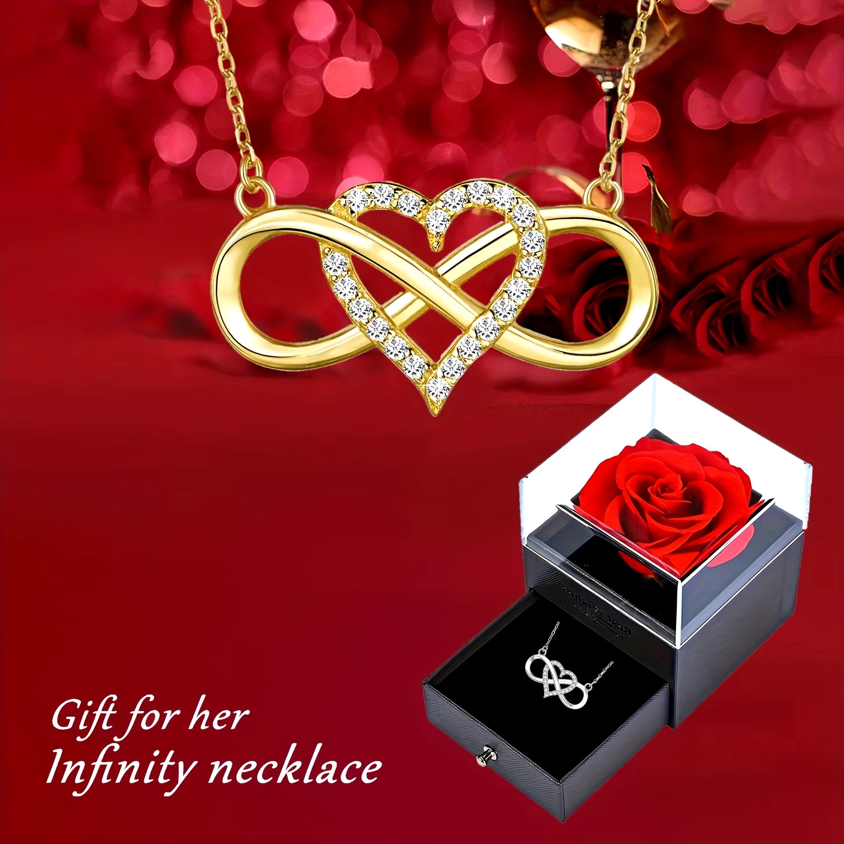 Elegant Infinity Heart Shape Pendant Necklace with Luxury Rose Gift Box for Girlfriend Wife Christmas Valentine Anniversary Gift