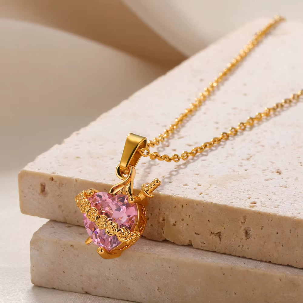 Pink Heart Zircon Necklace Gold Color Copper Cupid Eros Arrow Heart Pendant Necklace Korean Fashion Jewelry Girls Party Gift