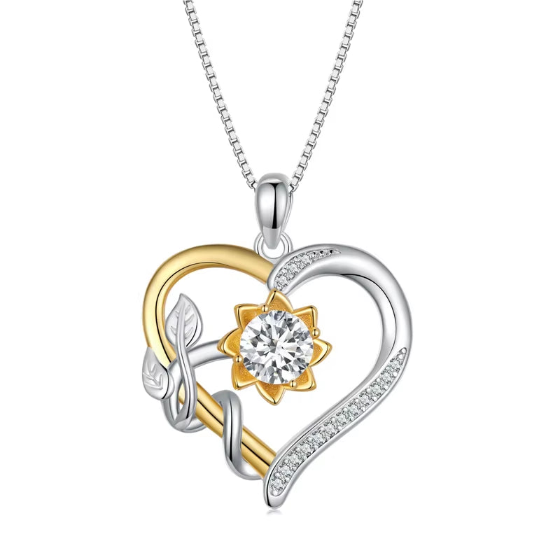 1.0 CT D Moissanite Heart Shape Sunflower Charm Necklace for Women Birthday Gift Double Color Yellow Gold 925 Silver Links