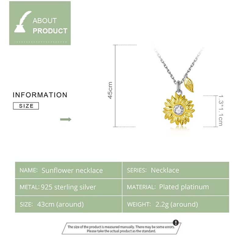 925 Sterling Silver Necklace Sunflower Long Chain Link Necklace for Women Fashion Jewelry CTN212