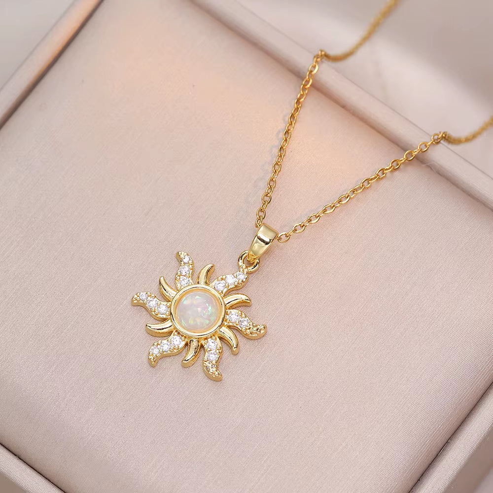 Colorful Zircon Sunflower Zircon Pendant Necklaces for Women Girls Stainless Steel Trendy Romantic Jewelry Accessories Gifts