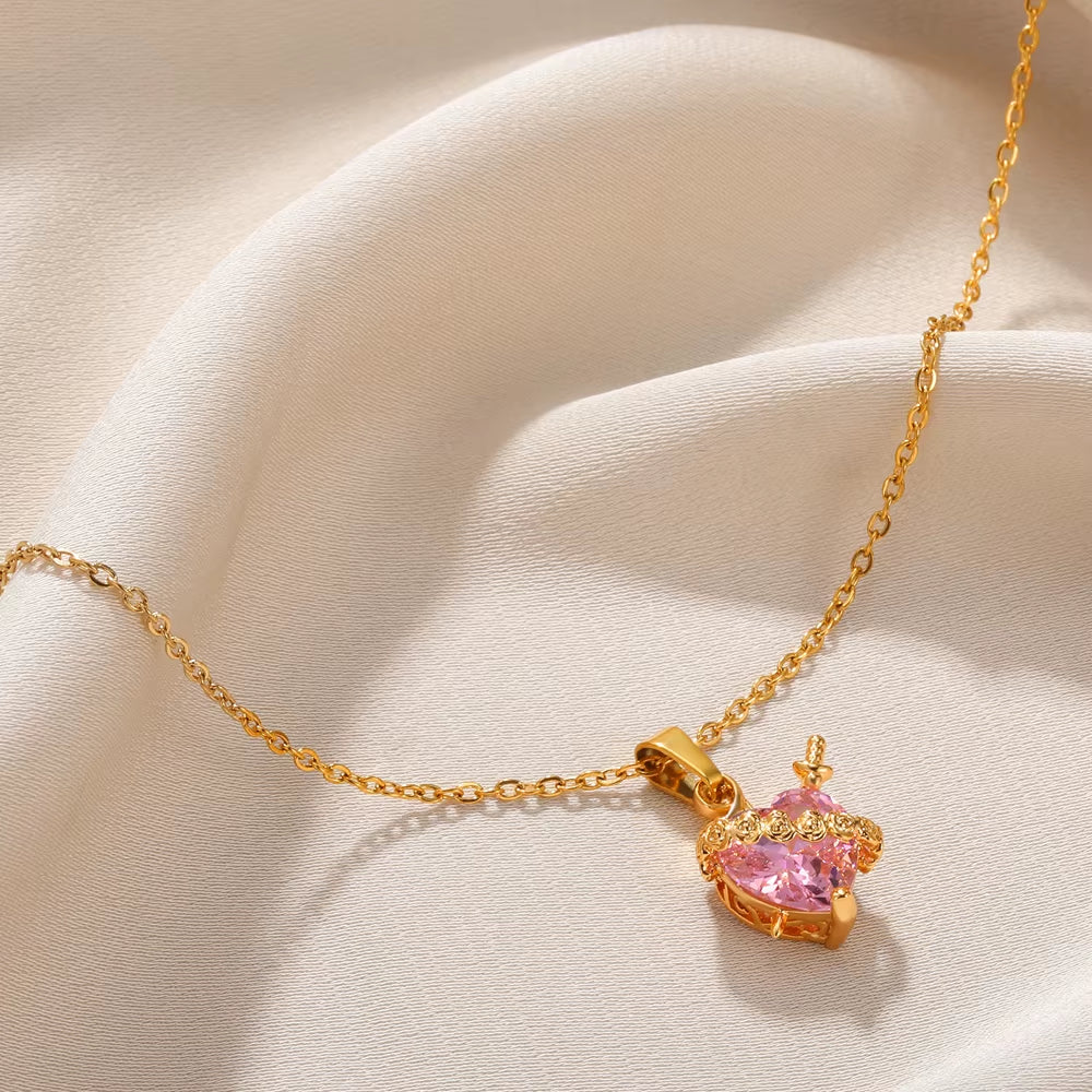 Pink Heart Zircon Necklace Gold Color Copper Cupid Eros Arrow Heart Pendant Necklace Korean Fashion Jewelry Girls Party Gift