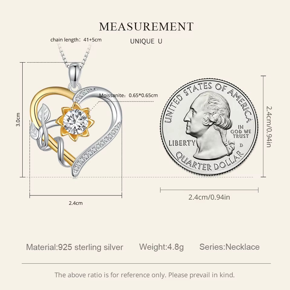 1.0 CT D Moissanite Heart Shape Sunflower Charm Necklace for Women Birthday Gift Double Color Yellow Gold 925 Silver Links