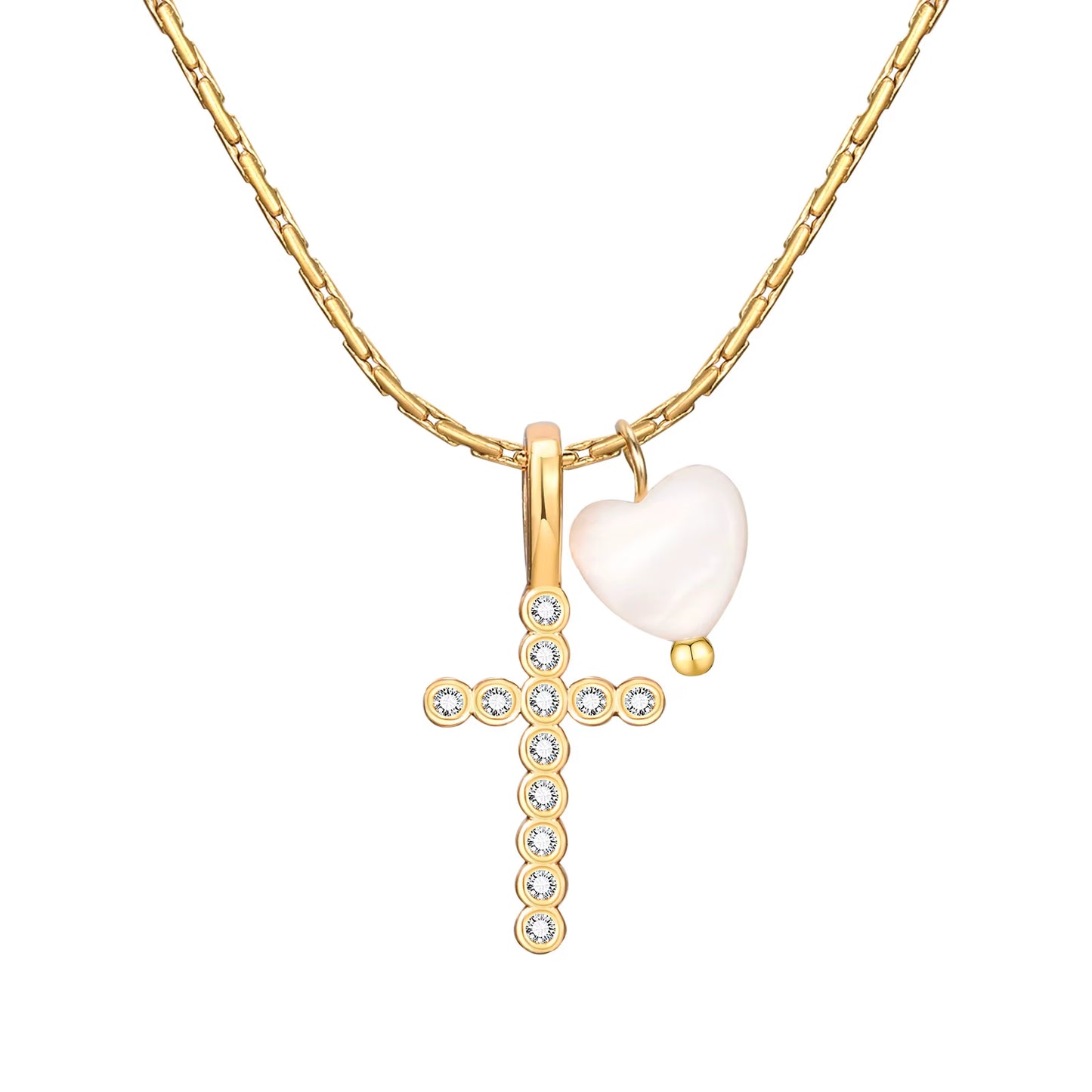 Stainless Steel Chain Girl'S Necklace Copper Material Zircon Cross Heart-Shaped White Shell Charm Fashion Christian Jewelry