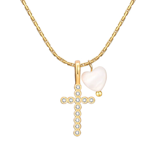 Stainless Steel Chain Girl'S Necklace Copper Material Zircon Cross Heart-Shaped White Shell Charm Fashion Christian Jewelry