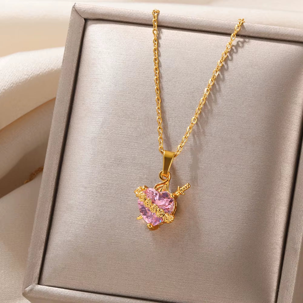 Pink Heart Zircon Necklace Gold Color Copper Cupid Eros Arrow Heart Pendant Necklace Korean Fashion Jewelry Girls Party Gift