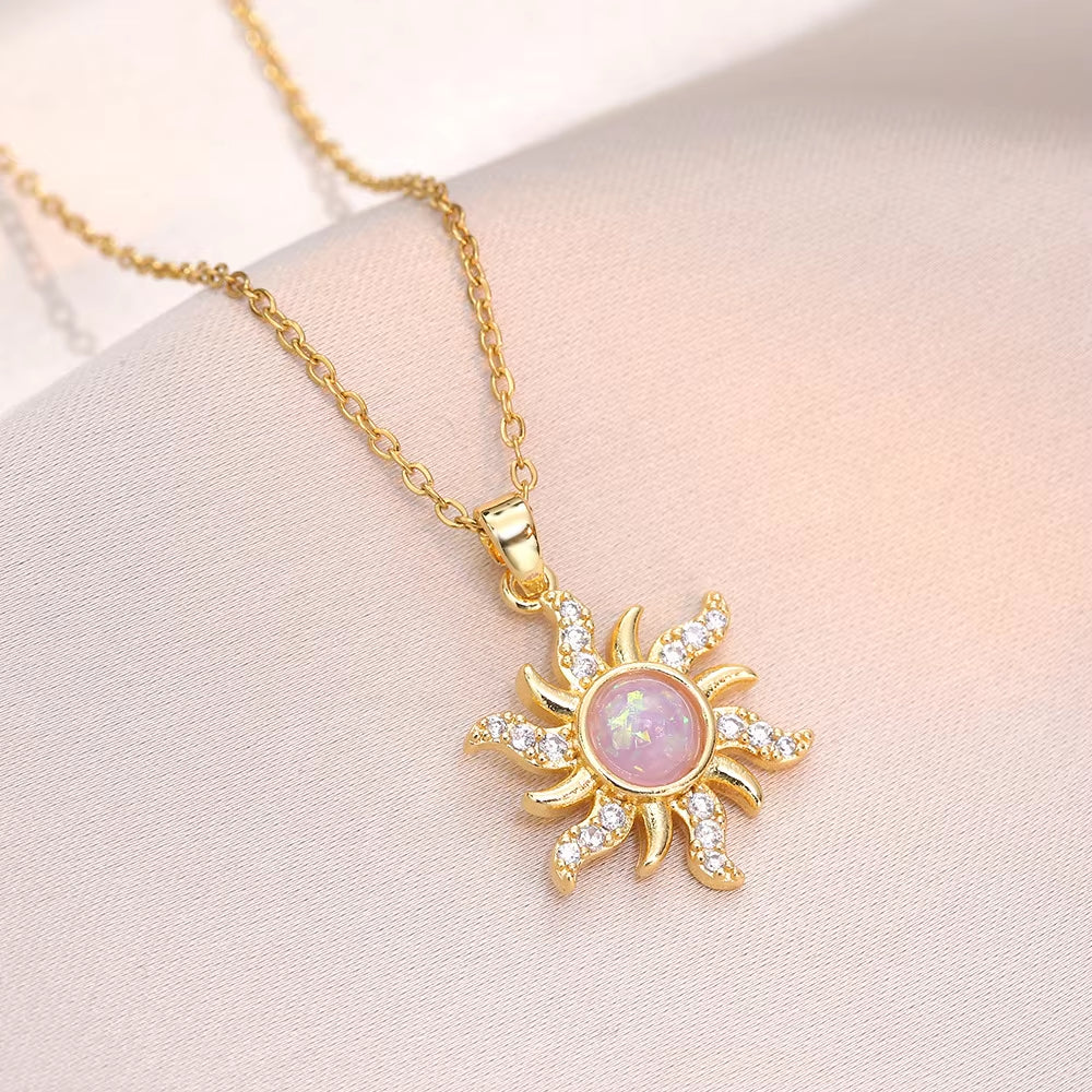 Colorful Zircon Sunflower Zircon Pendant Necklaces for Women Girls Stainless Steel Trendy Romantic Jewelry Accessories Gifts