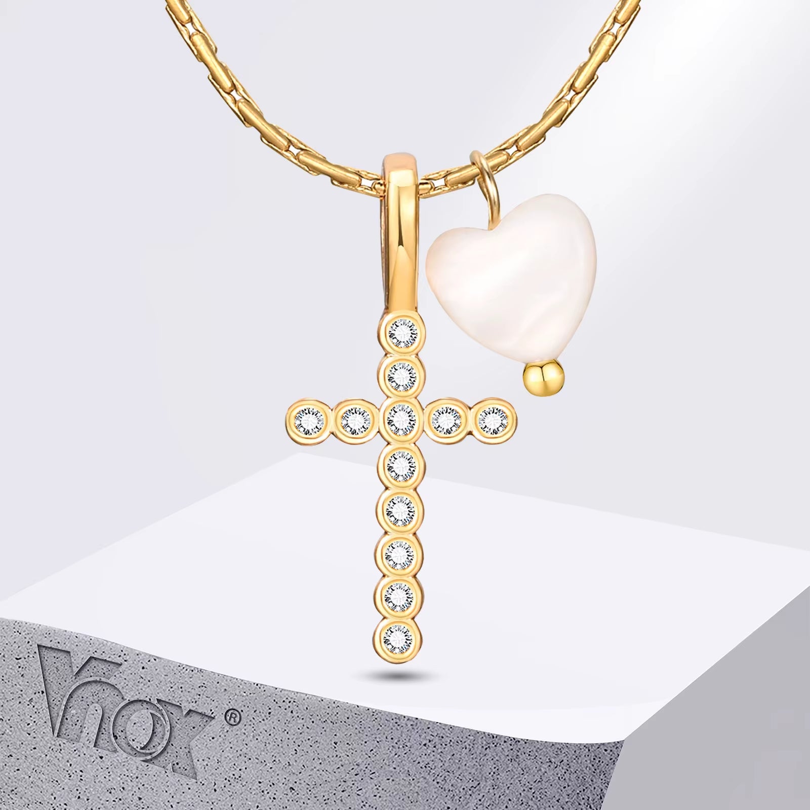 Stainless Steel Chain Girl'S Necklace Copper Material Zircon Cross Heart-Shaped White Shell Charm Fashion Christian Jewelry